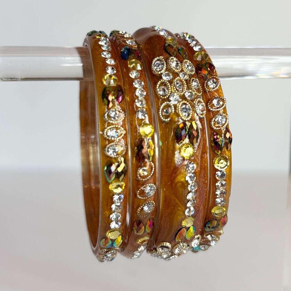 Lucite Rhinestone Bangle Bracelet Set Amber Confetti Wide Stack 4pc